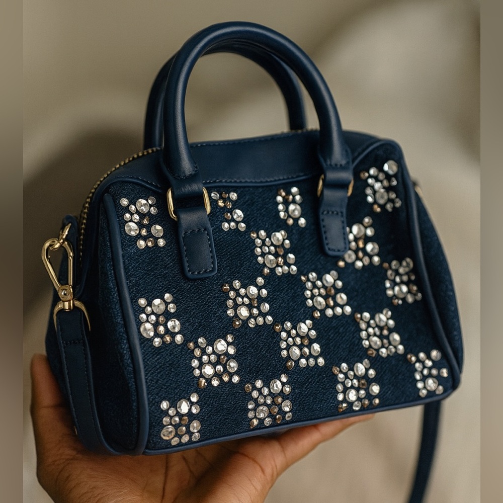Elegant Blue Handbag with Pearl Accents
